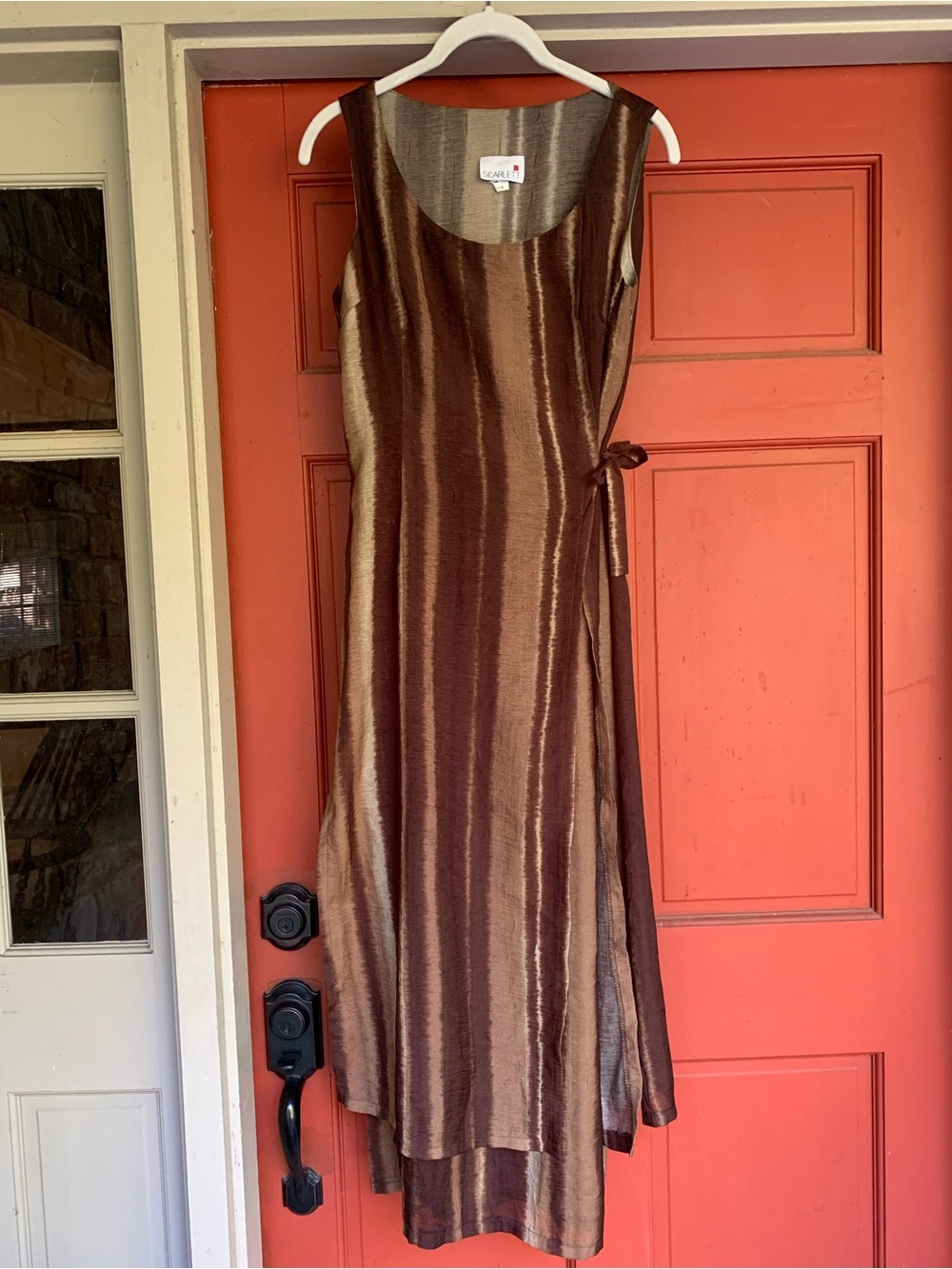 Vintage Scarlett Brown and Beige Striped Sleeveless Wrap Dress